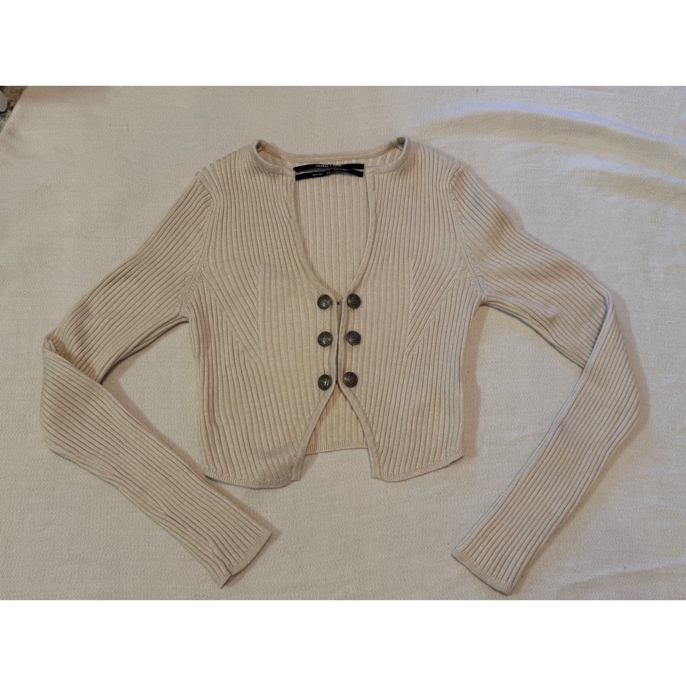 Silence + Noise Beige Ribbed Cropped Cardigan Hook Eye Crest Button OB2058063 S